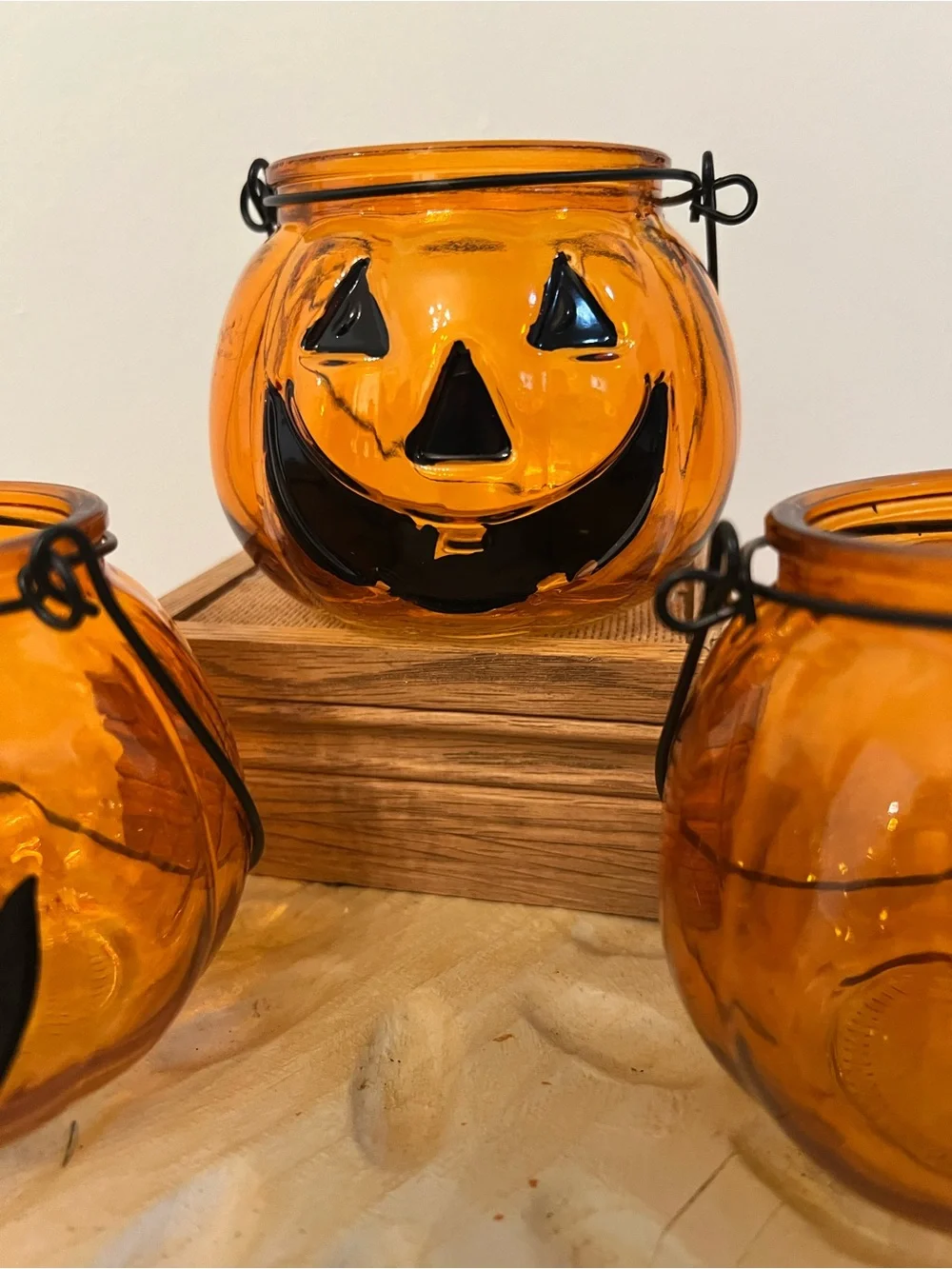 Halloween Three Glass Pumpkin Holders - Orange Jack-O'-Lantern Set